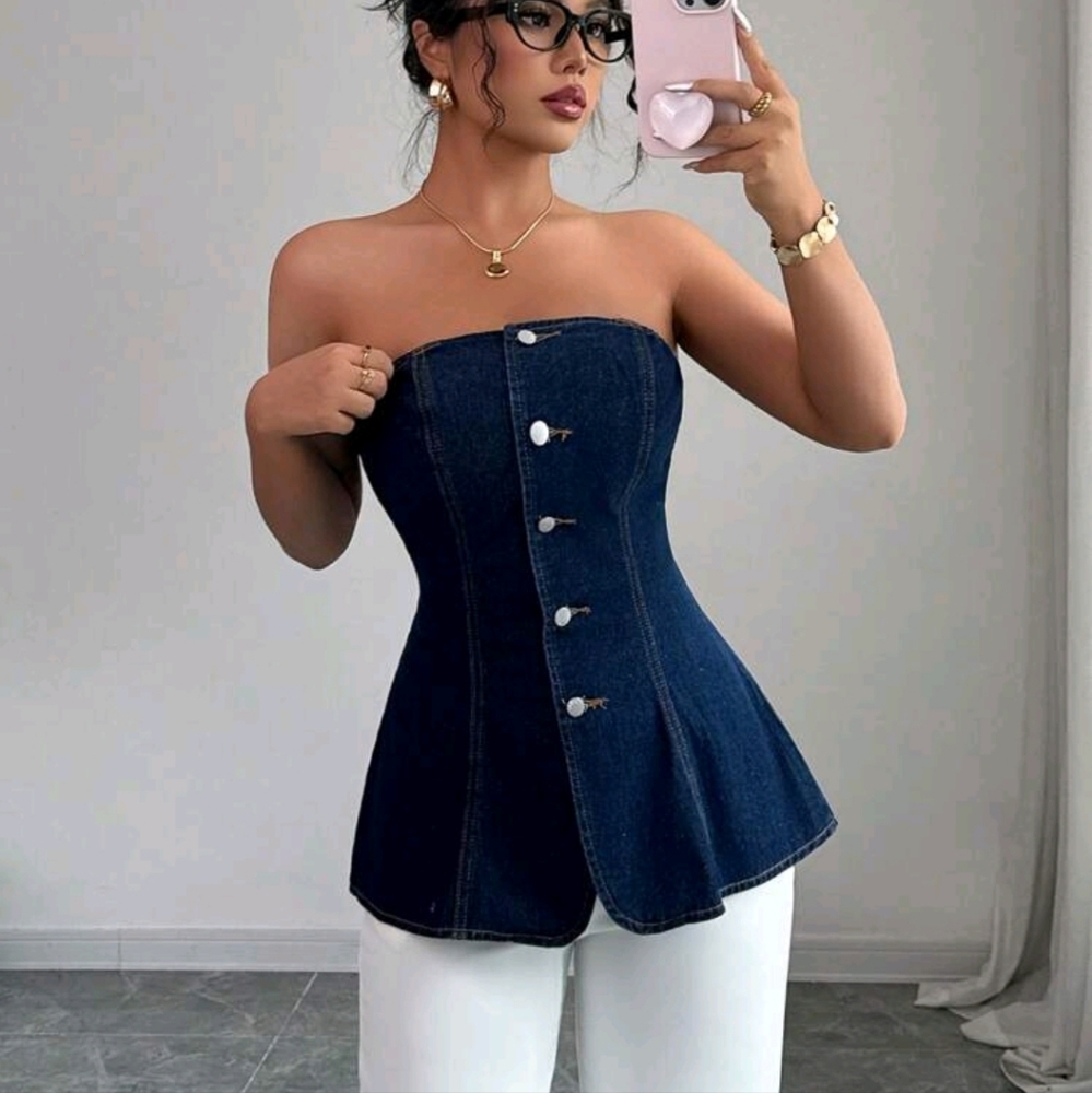 Women's Casual Denim Sleeveless Top With Ruffle Hem, Summer